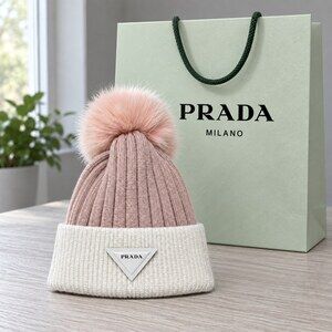Prada Pink White Pom Pom Knit Beanie